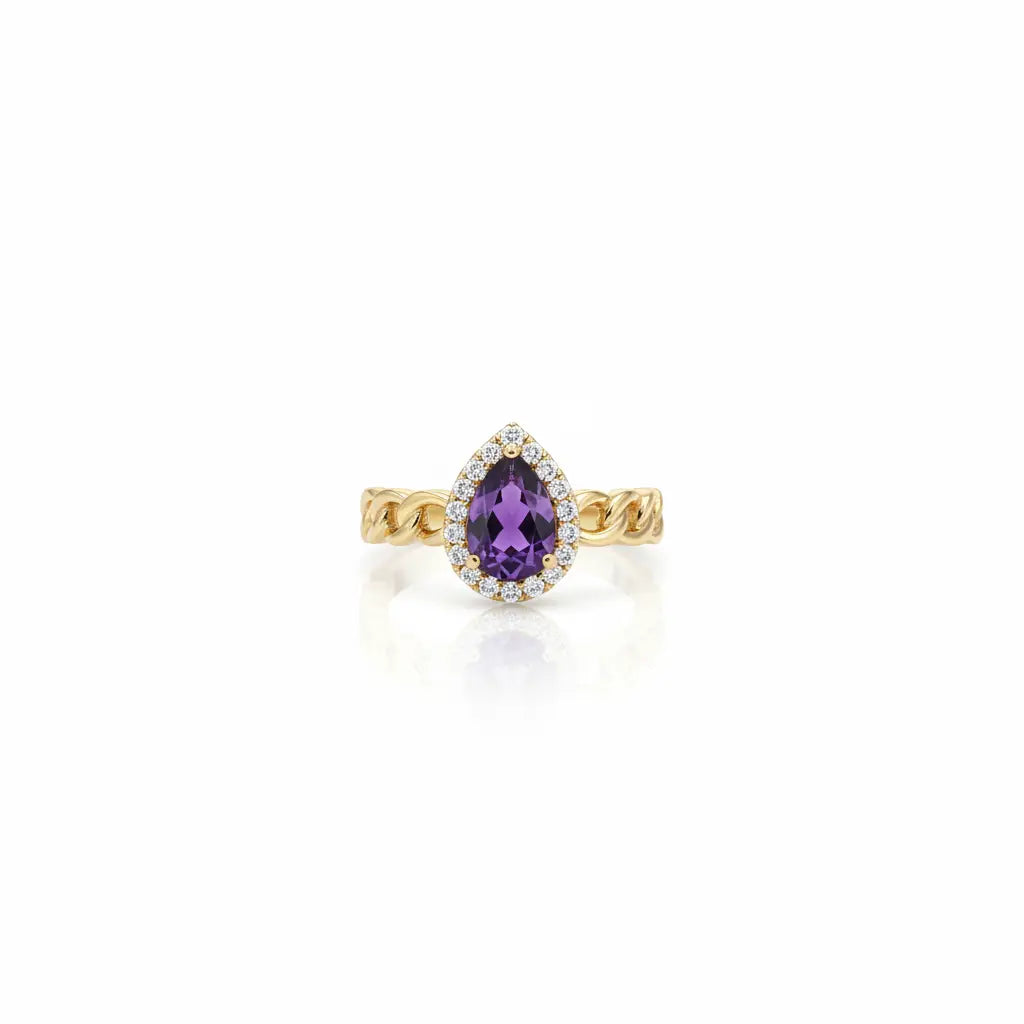 18K Gold Chain Ring with Purple Gemstone