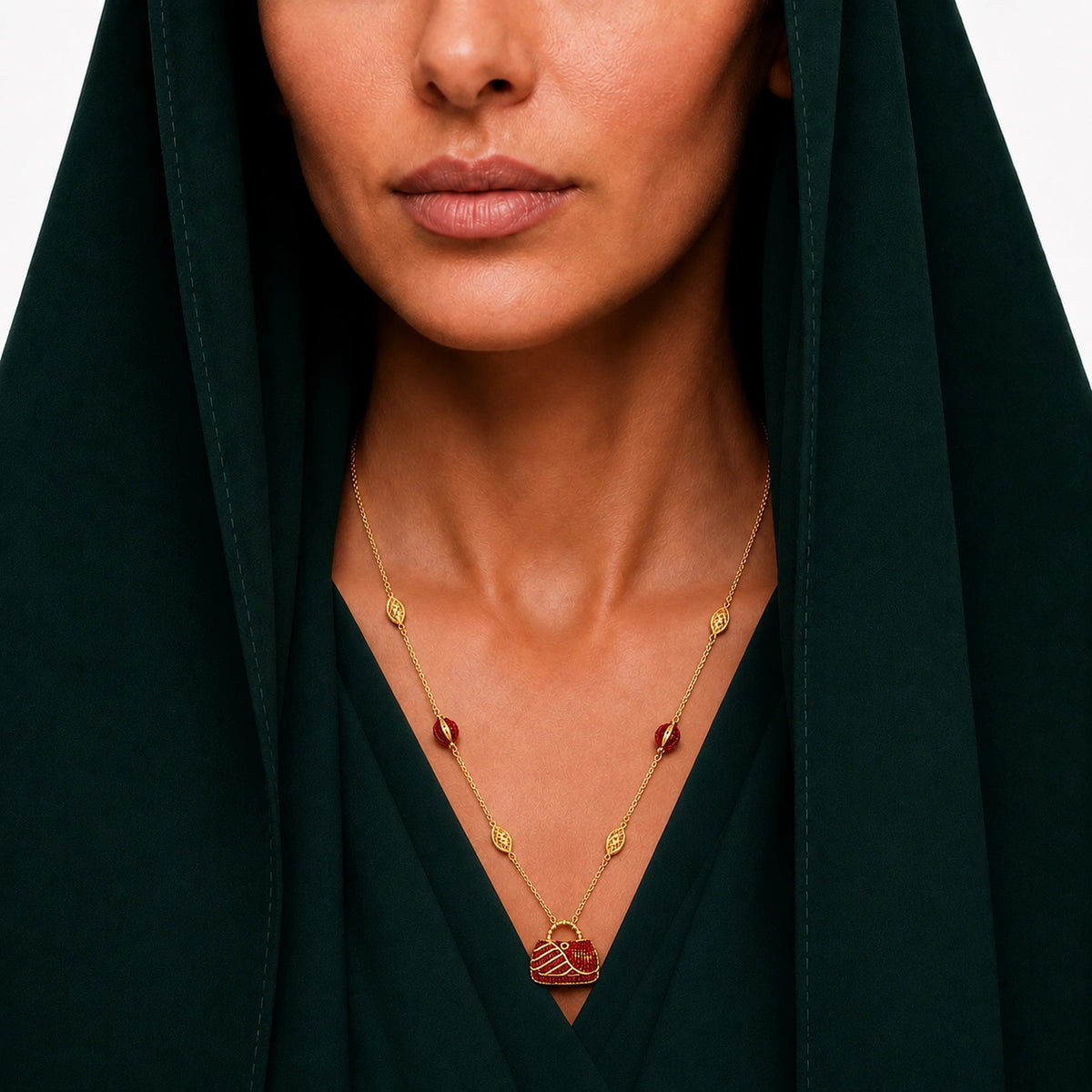 18K Gold Shawl Necklace with Red Bag Design