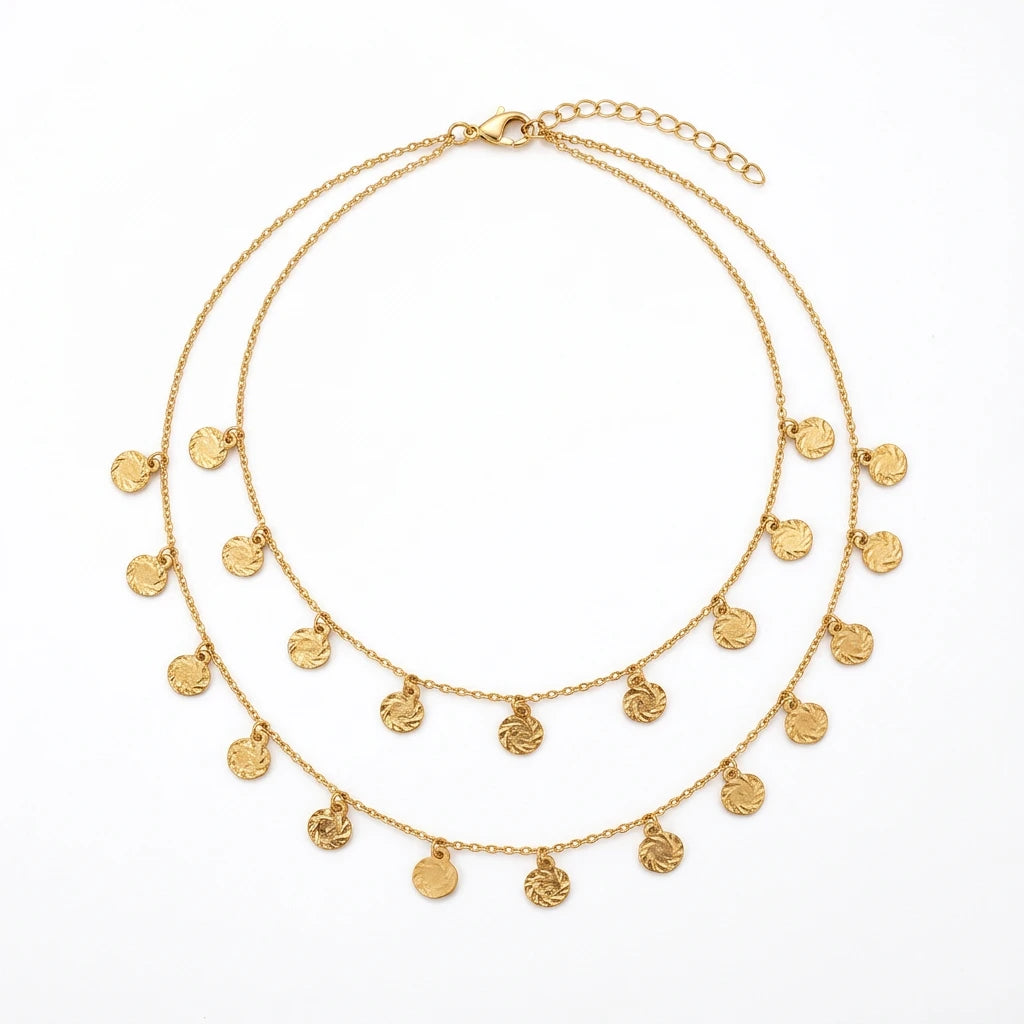 21K Gold Double-Layer Necklace with Engraved Circular Pendants