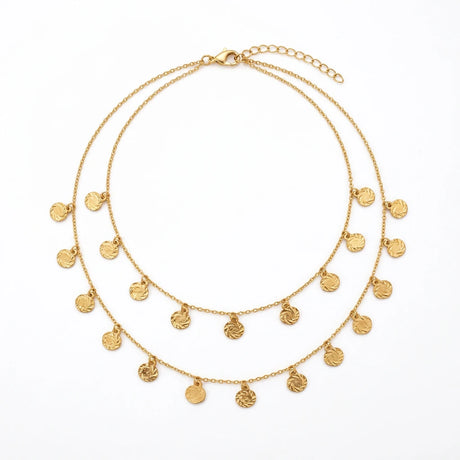 21K Gold Double-Layer Necklace with Engraved Circular Pendants