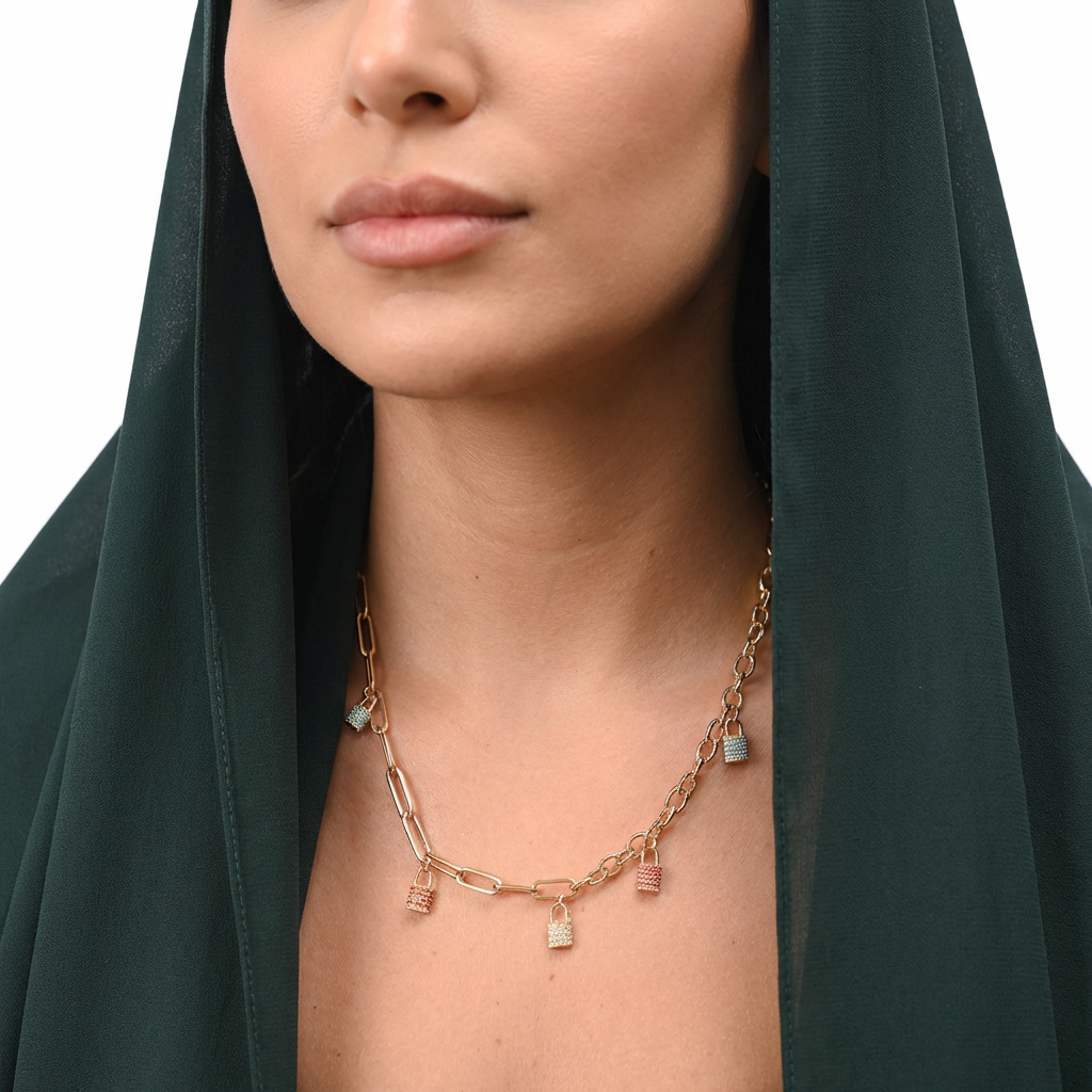 عقد ذهب عيار 18 بتصميم أقفال متدلية