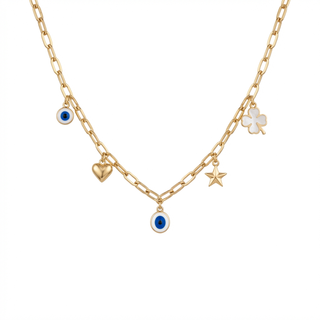 18K Gold Necklace with Elegant Assorted Pendants Design