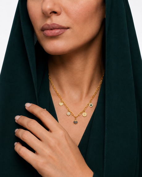 18K Gold Necklace with Dangling Pendants