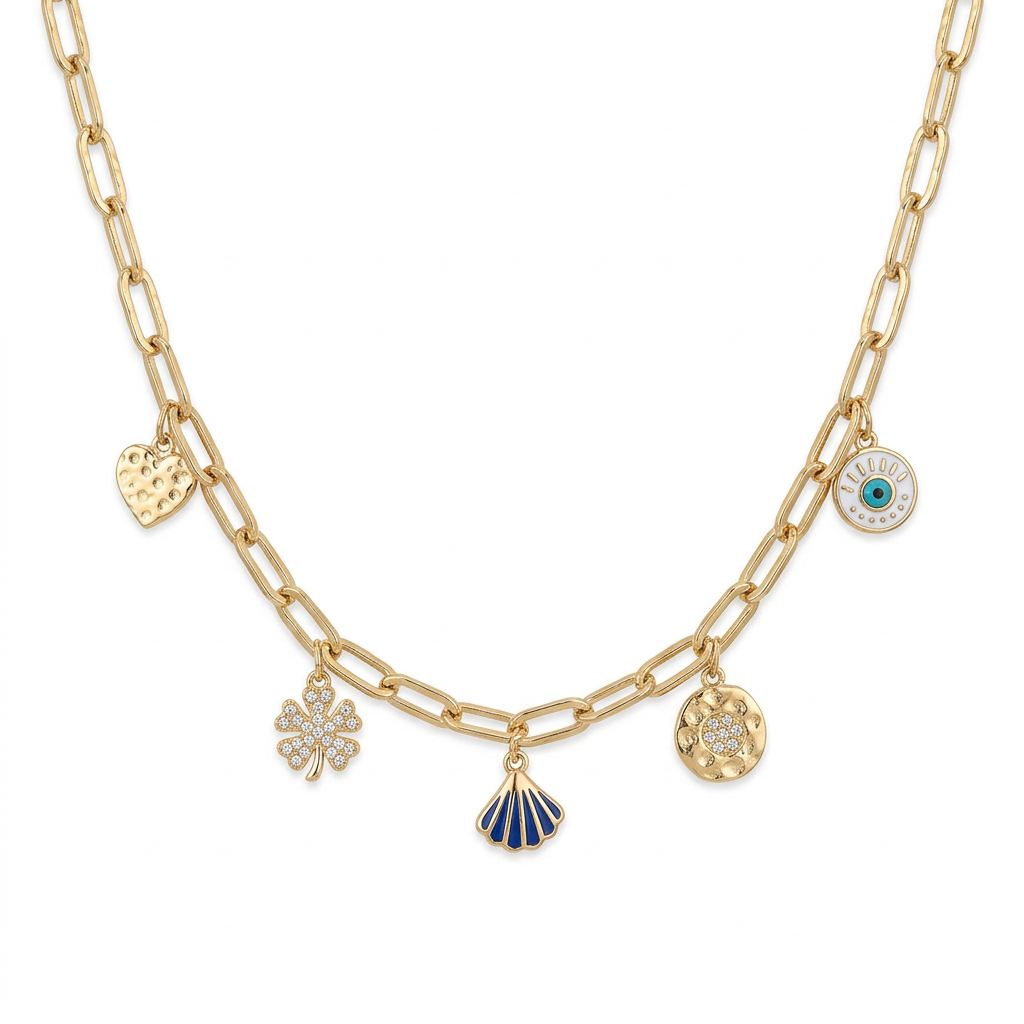 18K Gold Sea Shell Necklace with Dangling Pendants