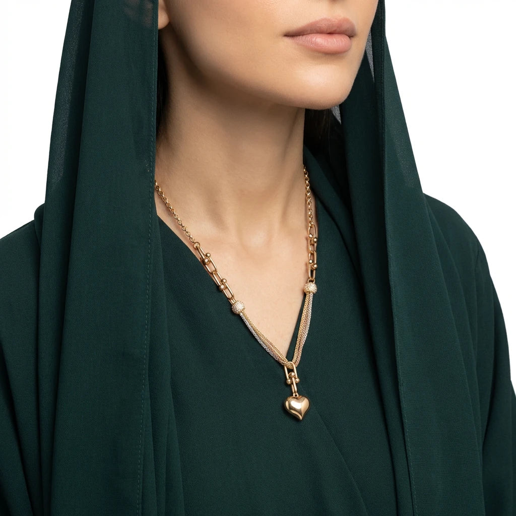 18K Gold Necklace with Elegant Dangling Heart Design