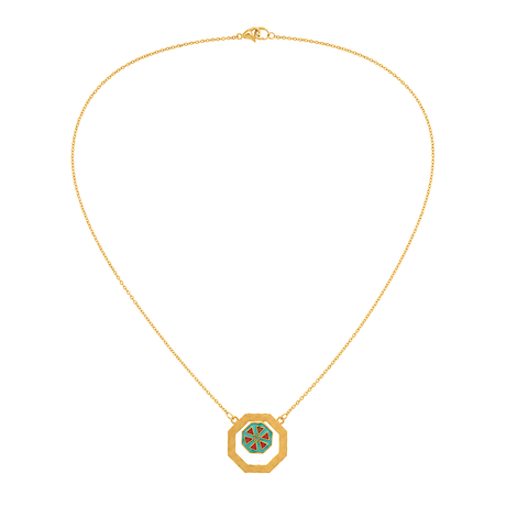 18K Gold Necklace with Circle Colorful Pendnat