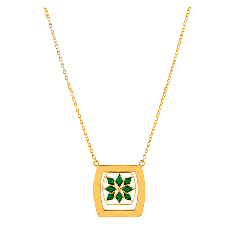 18K Gold Necklace with Floral Sqaure Pendant