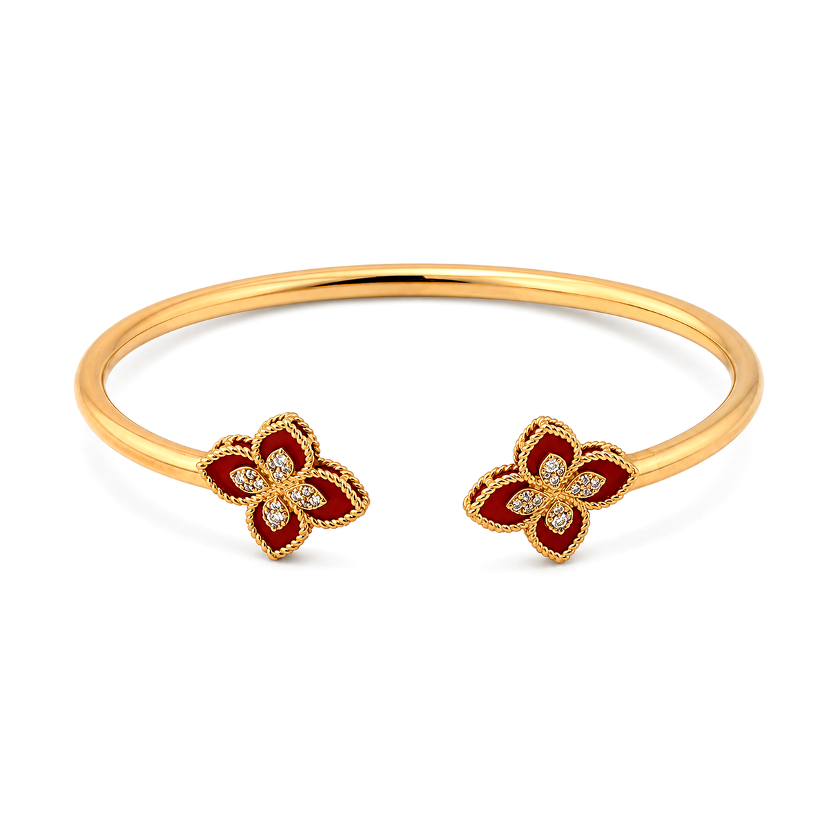18K Gold Bracelet Open Cuff, Flower Charms Design