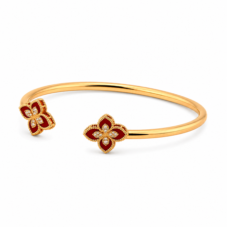 18K Gold Bracelet Open Cuff, Flower Charms Design