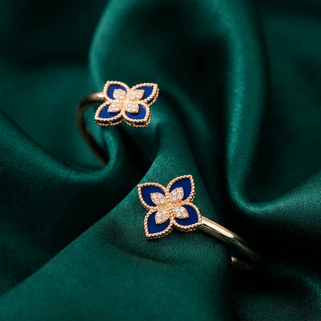 18K Gold Open Bracelet  with Double blue Rose Design