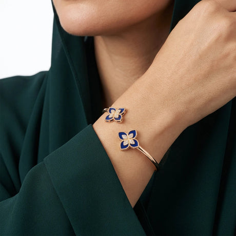 18K Gold Open Bracelet  with Double blue Rose Design