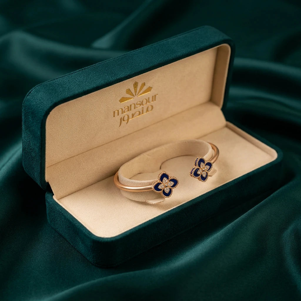 18K Gold Open Bracelet  with Double blue Rose Design