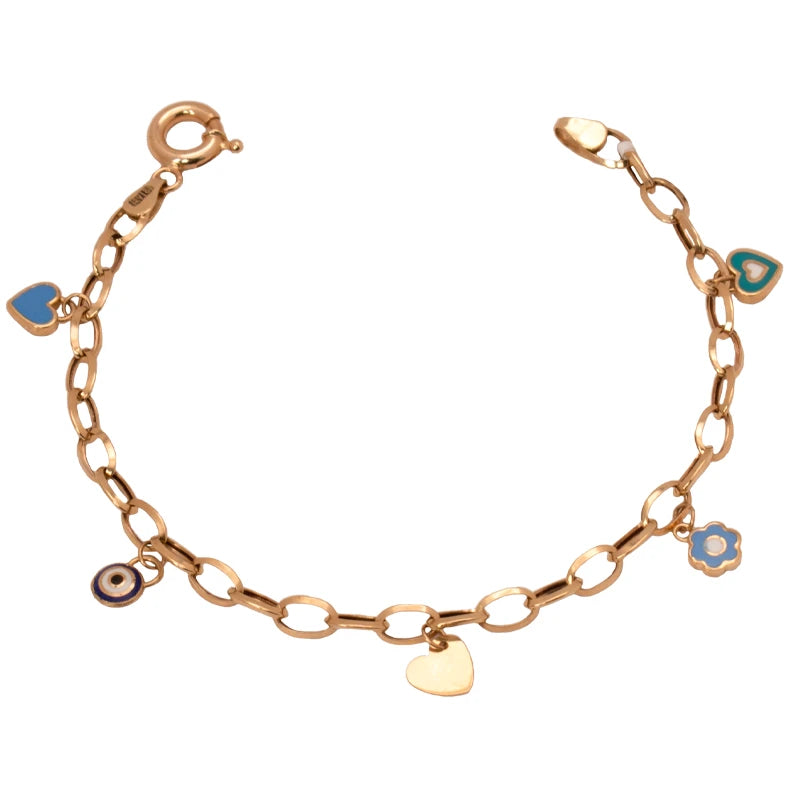 18K Gold Bracelet with Flowers and Hearts Design