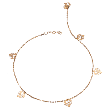 18K Gold Anklet Warmth of Hearts with Dangling Hearts Design
