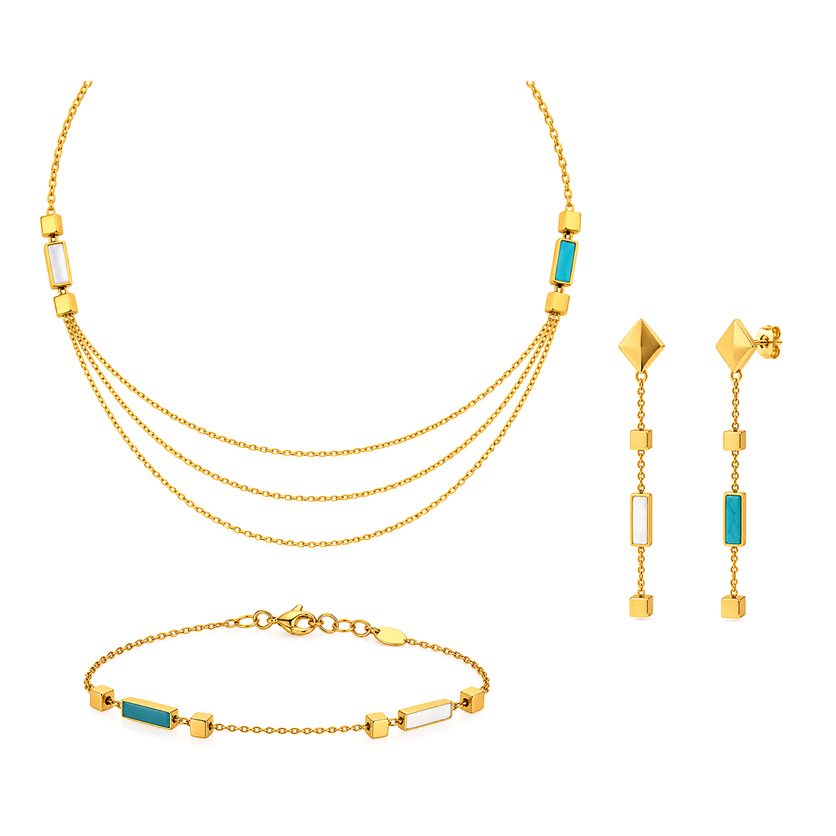 18K Gold Half Set with Three Chains and Colored Bars Design
