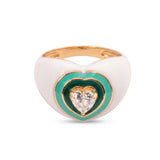 18K Gold Ring with Heart Inlaid Design In Green