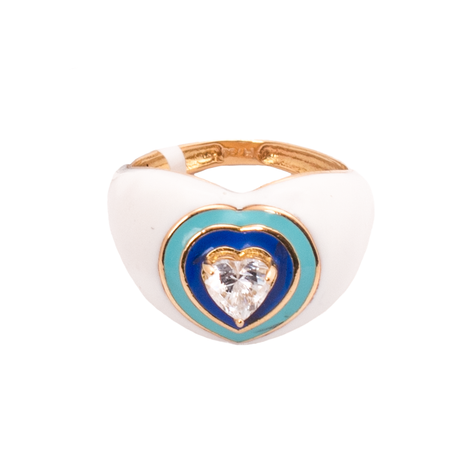 18K Gold Ring with Delicate Colorful Hearts and Heart Shaped Stone