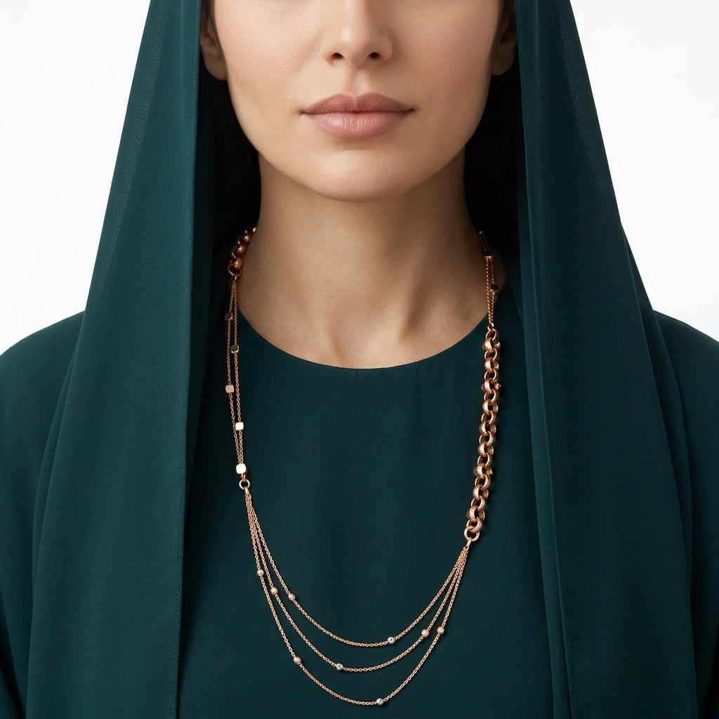 18K Gold Long Triple Layer Statement Necklace
