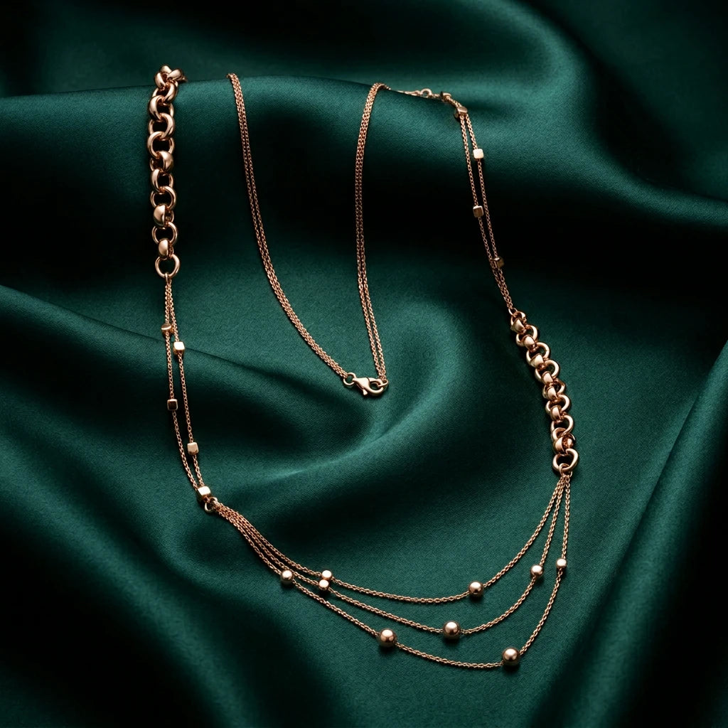 عقد ذهب عيار 18 بتصميم ثلاثي الطبقات طويل