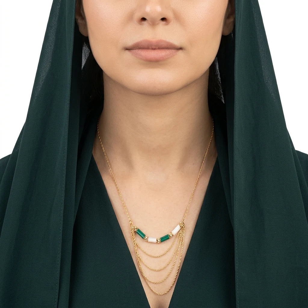18K Gold Pendant with Layered Gradient Rectangular Design In Green