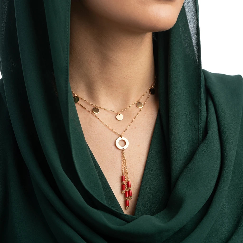 18K Gold Necklace with Long Harmonious Pendants