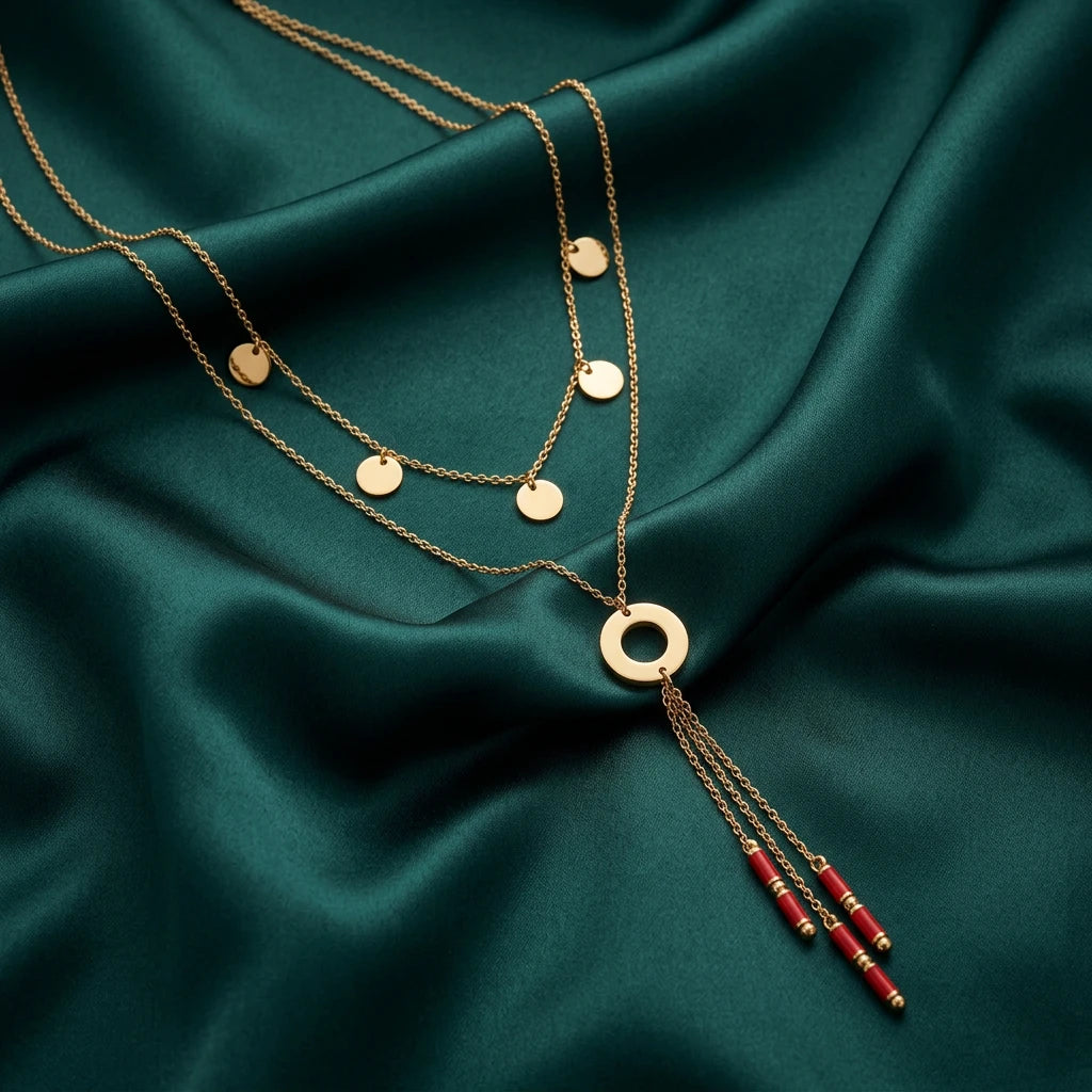 18K Gold Necklace with Long Harmonious Pendants