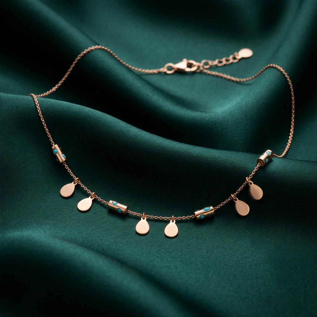 18K Gold Pendant with Touches Drops Design In Turquoise