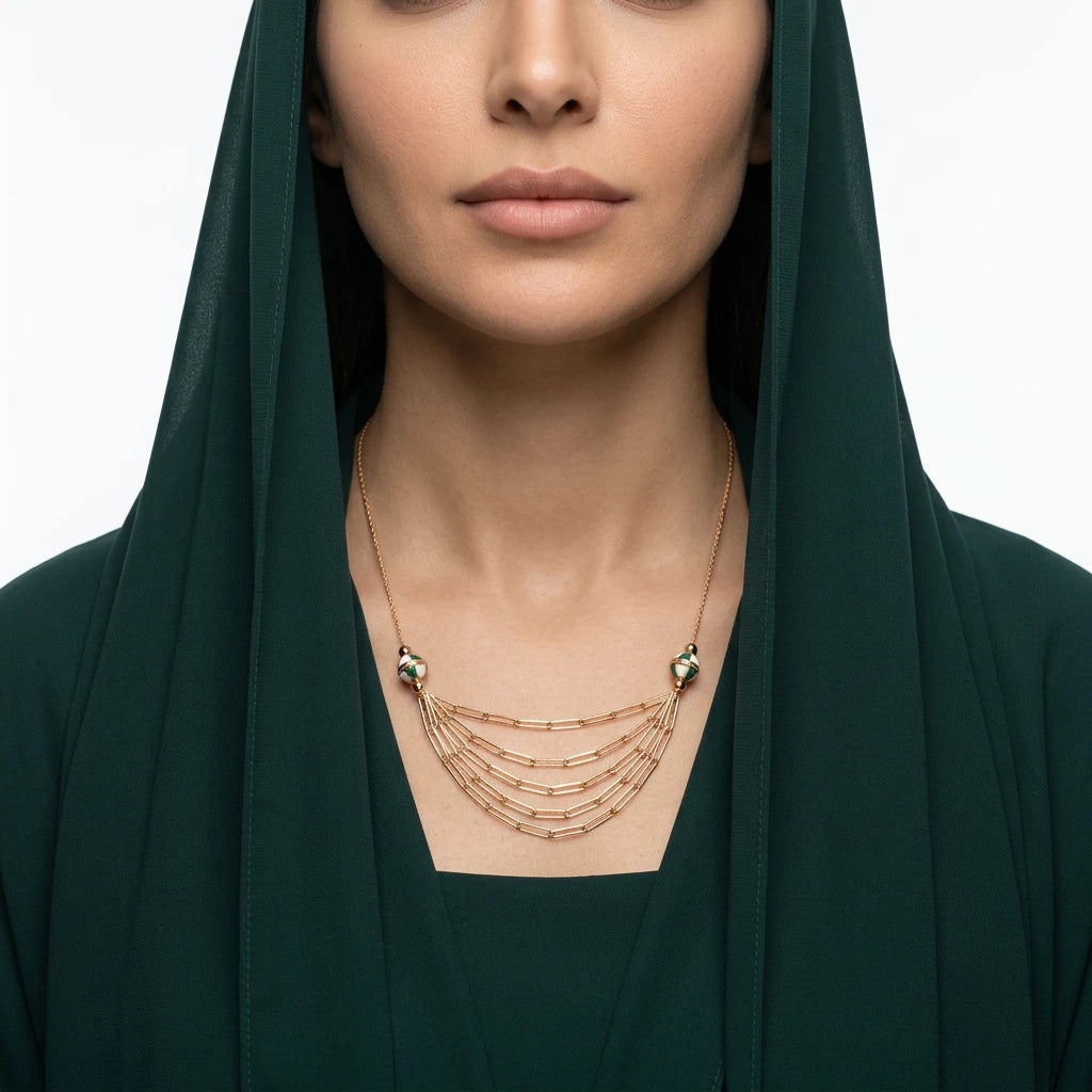 18K Gold Chain with Five Graduated Chains Beads Design