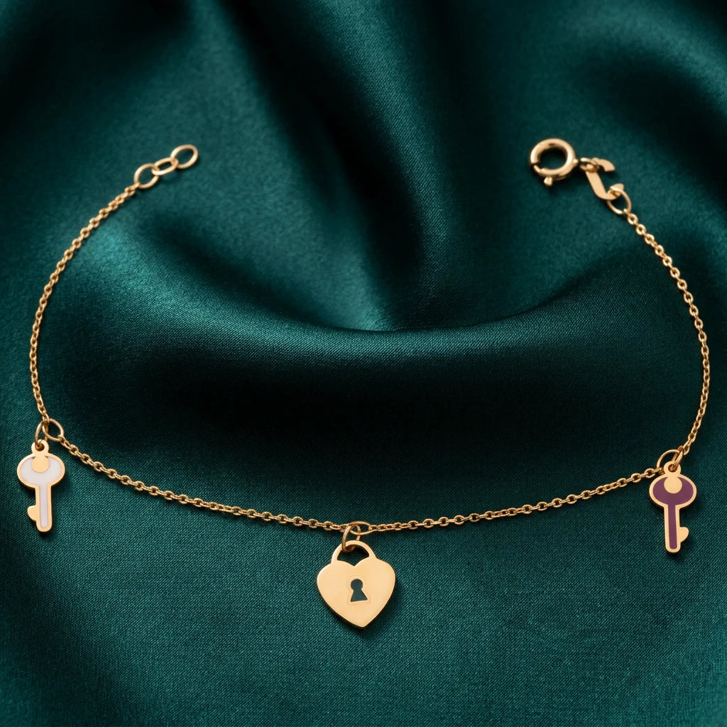 18K Gold Kids Chain Bracelet with Heart Key Design