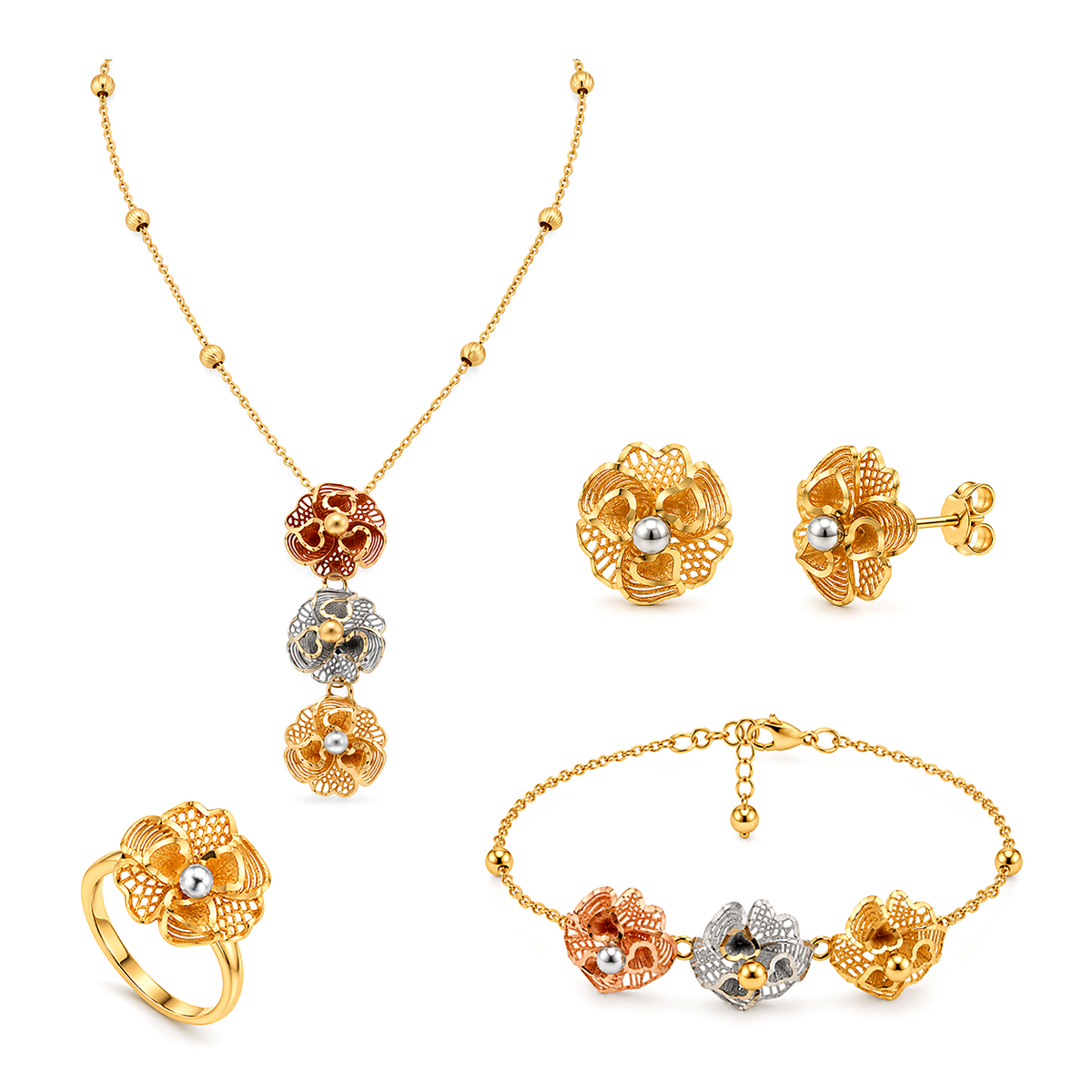 18K Gold Set with Three-Tone Rose Design