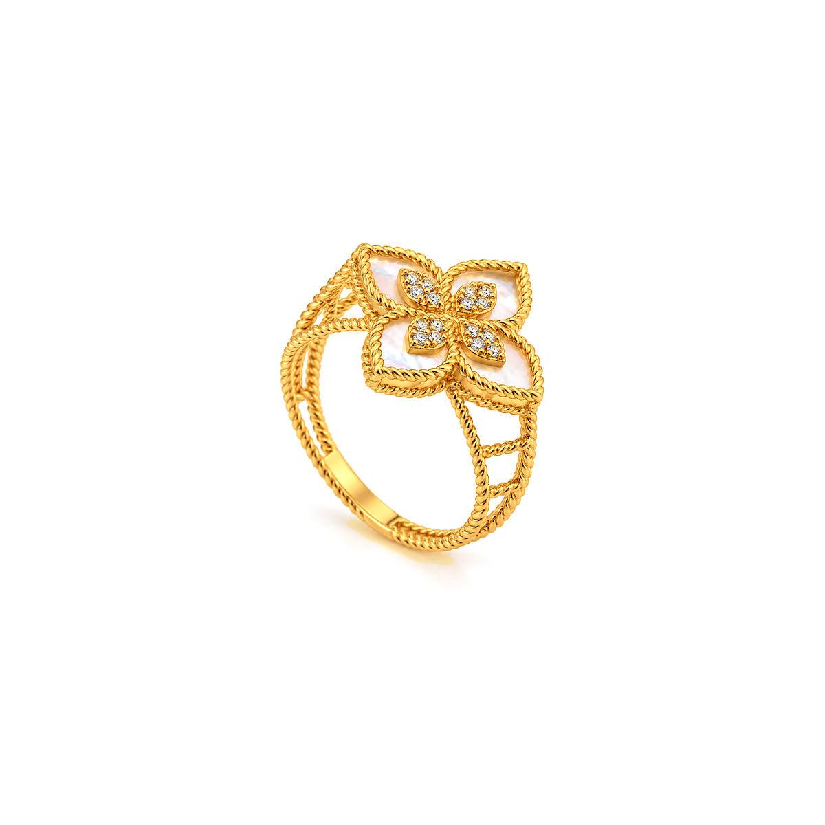 18K Gold Set with White Four-Petal Flower Design