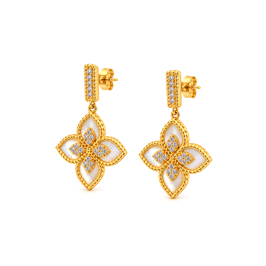 18K Gold Set with White Four-Petal Flower Design