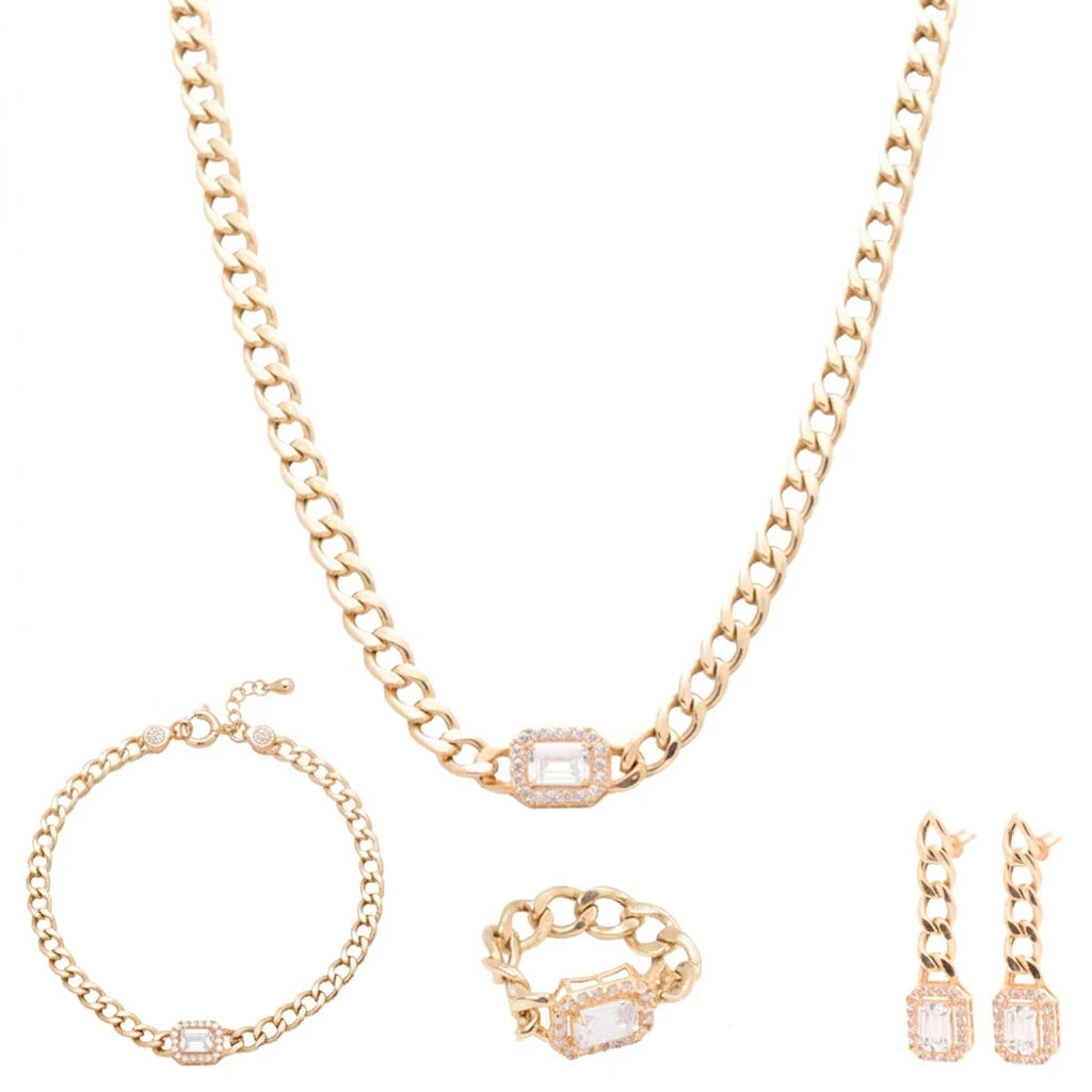 18K gold set, wide earrings with a square stone