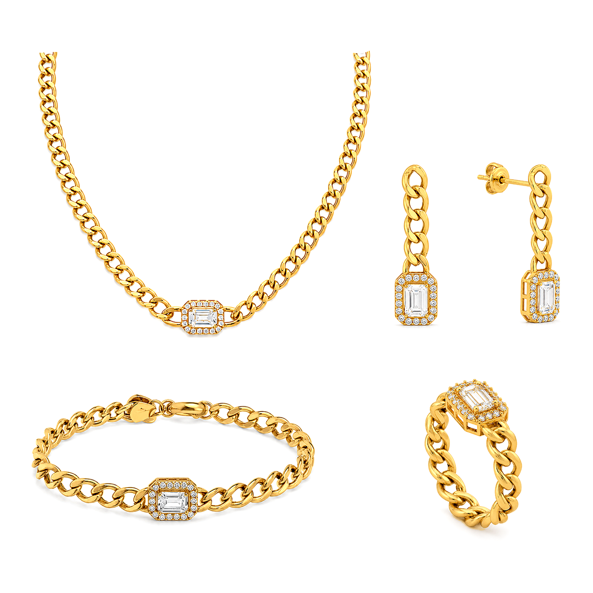 18K Gold Set, Wide Earrings with A Square Stone