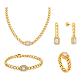 18K Gold Set, Wide Earrings with A Square Stone