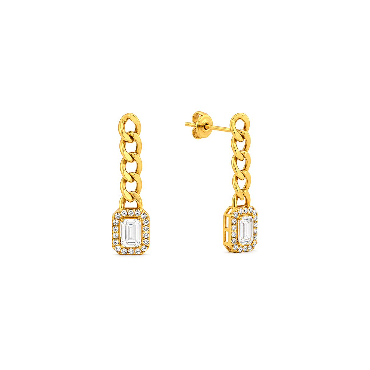 18K Gold Set, Wide Earrings with A Square Stone