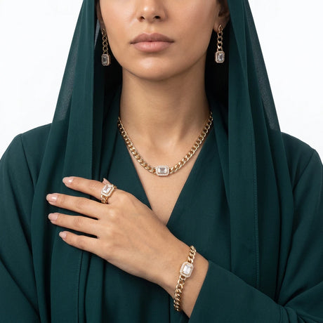 18K Gold Set, Wide Earrings with A Square Stone