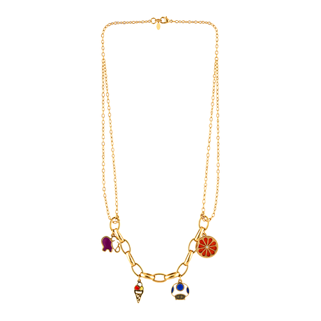 18K Gold Necklace with Colorful Dangling Shapes