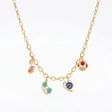 18K Gold Necklace with Colorful Symbol and Shape Pendants