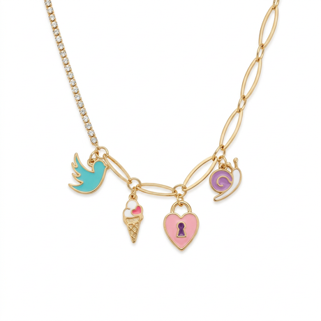 18K Gold Necklace with Colorful Dangling Pendants