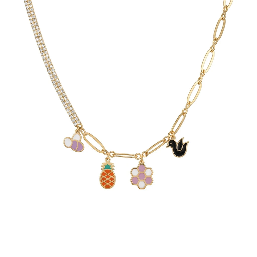 18K Gold Necklace with Multiple Colorful Pendants