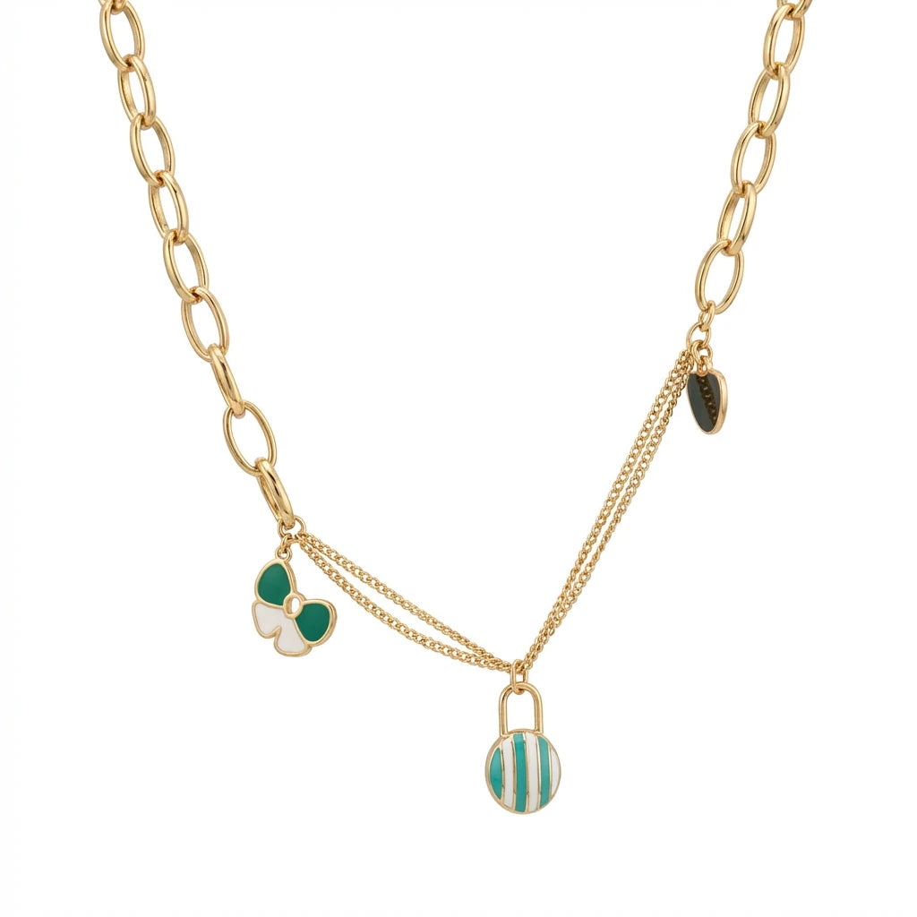 18K Gold Necklace with Colorful Dangling Pendants