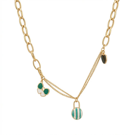 18K Gold Necklace with Colorful Dangling Pendants