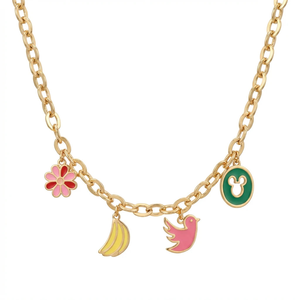18K Gold Necklace with Colorful Painted Pendants