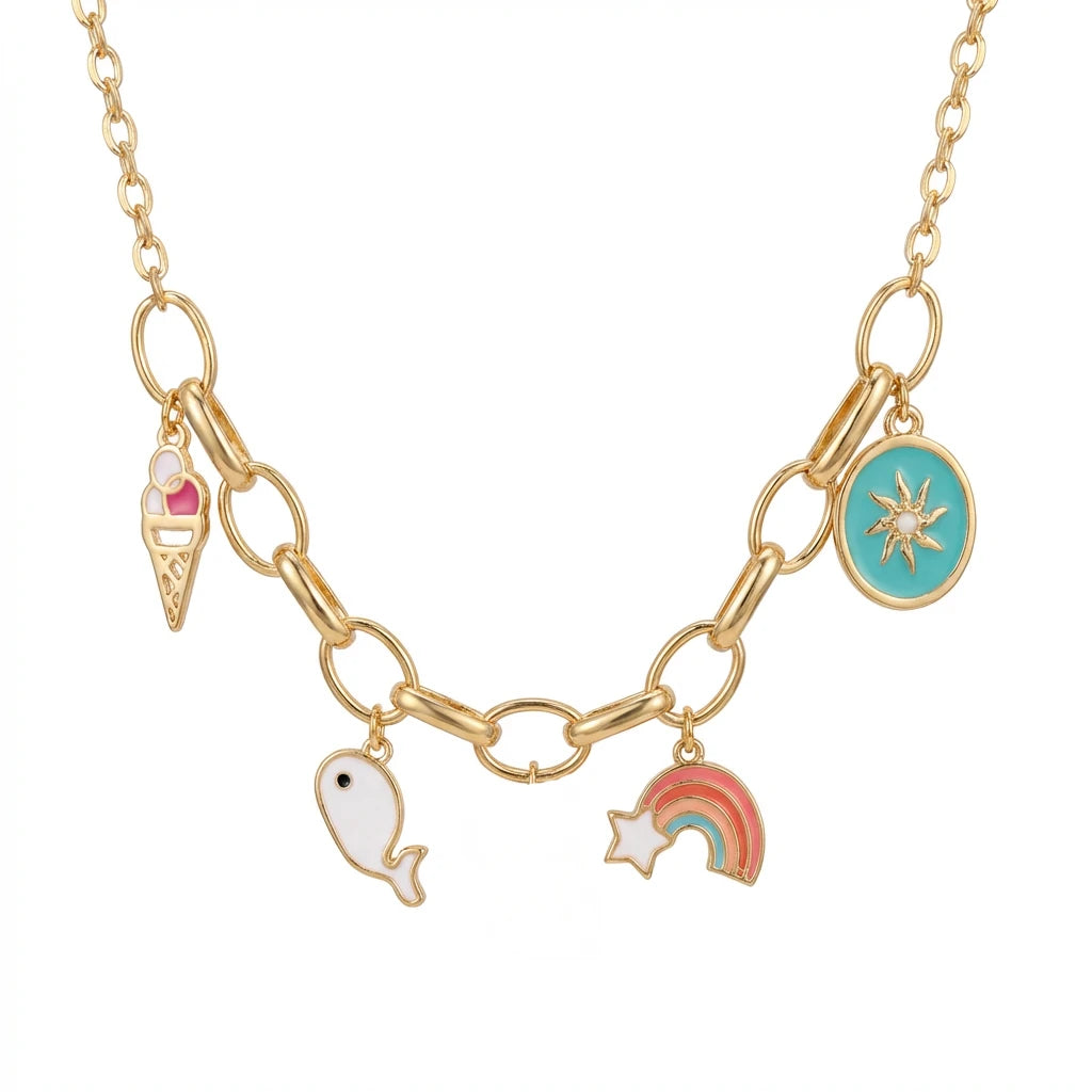18K Gold Necklace with Playful Colorful Shapes