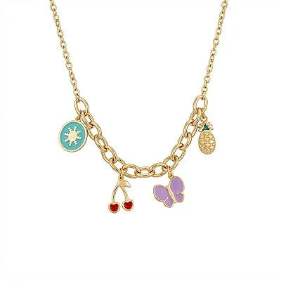 18K Gold Necklace with Colorful Dangling Pendants