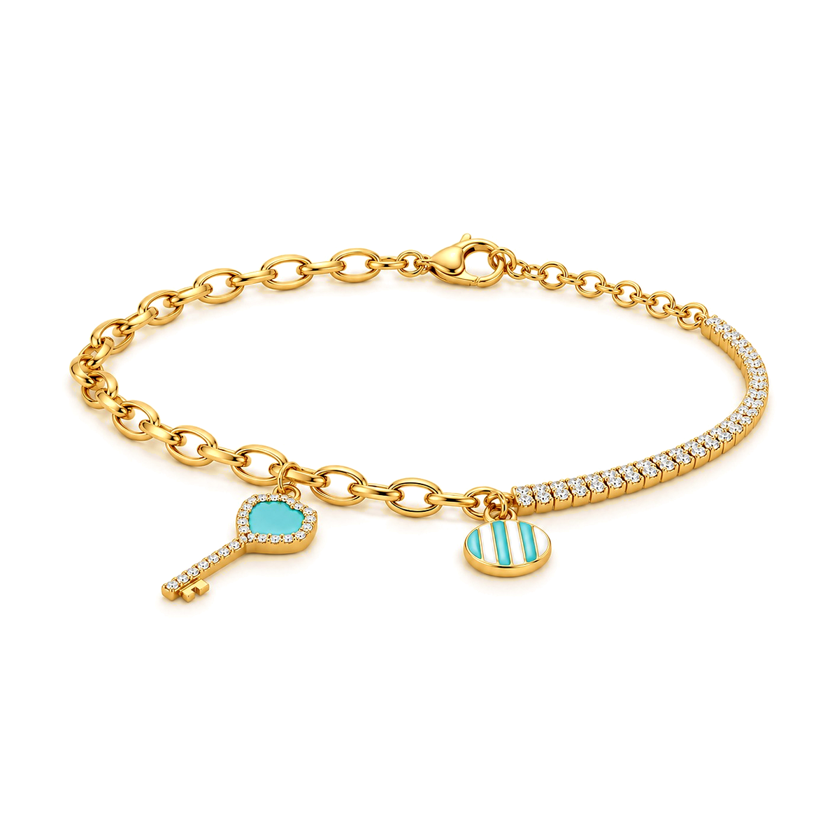 18K Gold Chain Bracelet Key Pendants and Colored Stones Design