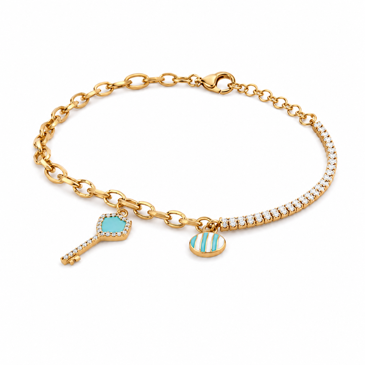 18K Chain Bracelet with Key Pendants Colored Stones Design