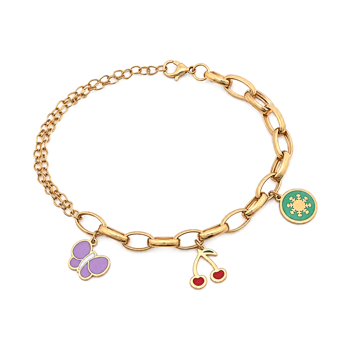 18K Gold Kids Chain Bracelet with Butterfly Cherry Design