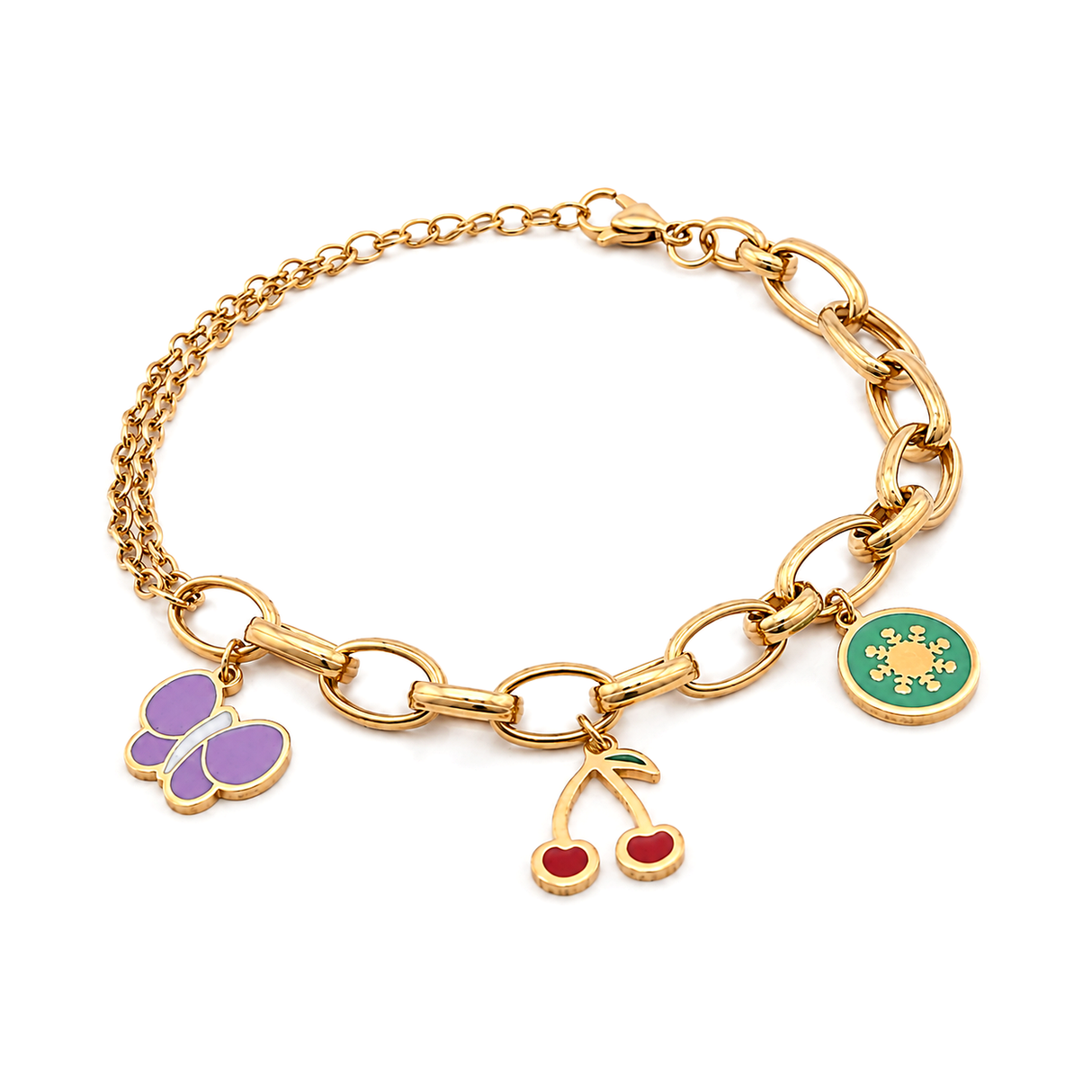 18K Gold Kids Chain Bracelet with Butterfly Cherry Design